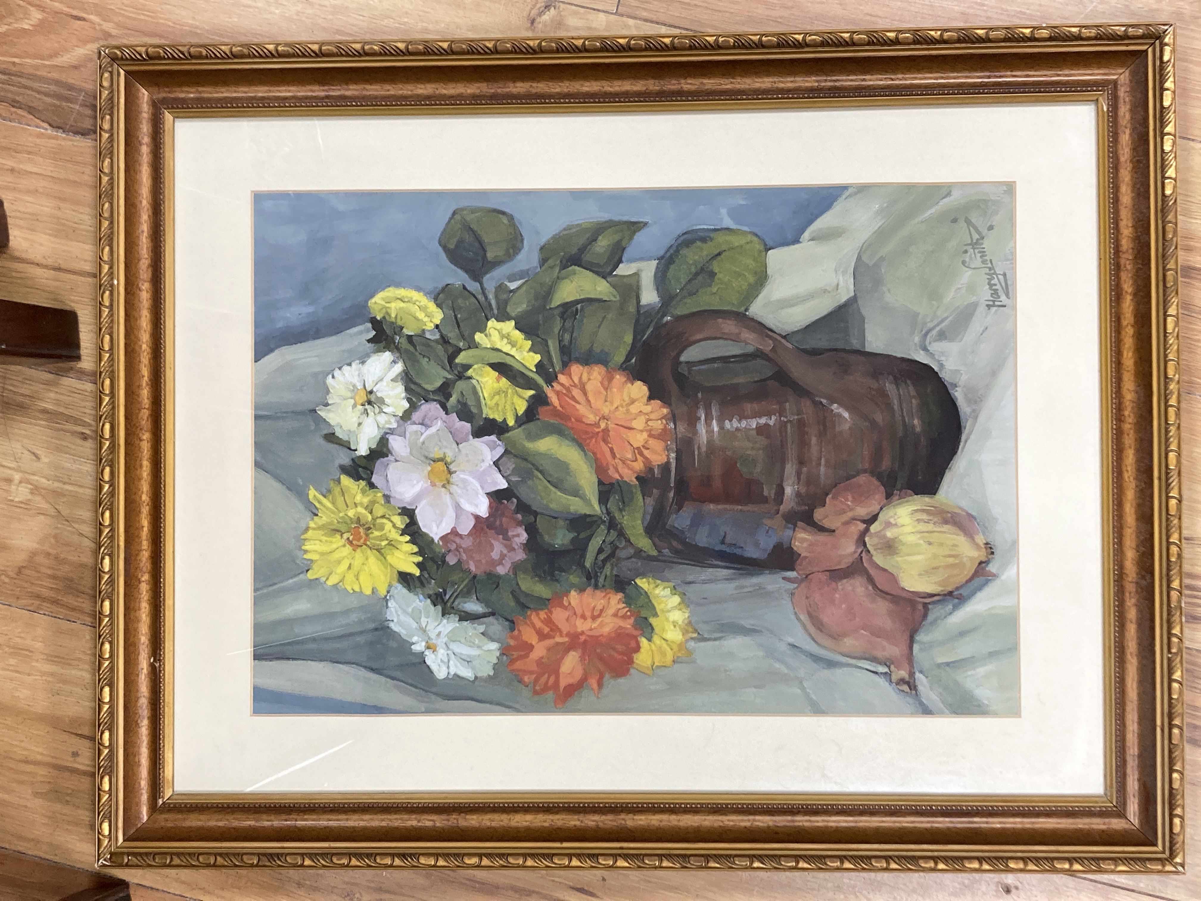 Harry Smith R.I., gouache, Last of the Dhalias, signed with label verso, 50 x 34cm